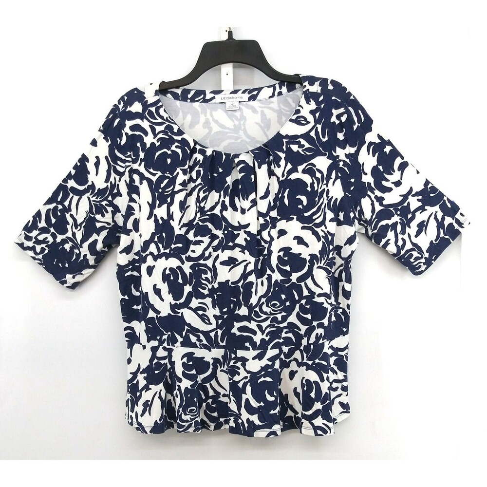 Liz Claiborne Shirt Women Size XL White Bue Floral Short Sleeve Round Neck Top